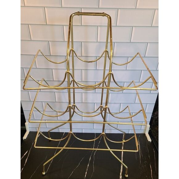 Vintage Gold Brass Wine Rack 9 Bottle Liquor Holder Bar Caddy w Handle MCM Retro - Picture 4 of 12